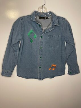 Mini Rodini Denim Button Up Shirt Music Note Embroidery Size 10-11Y